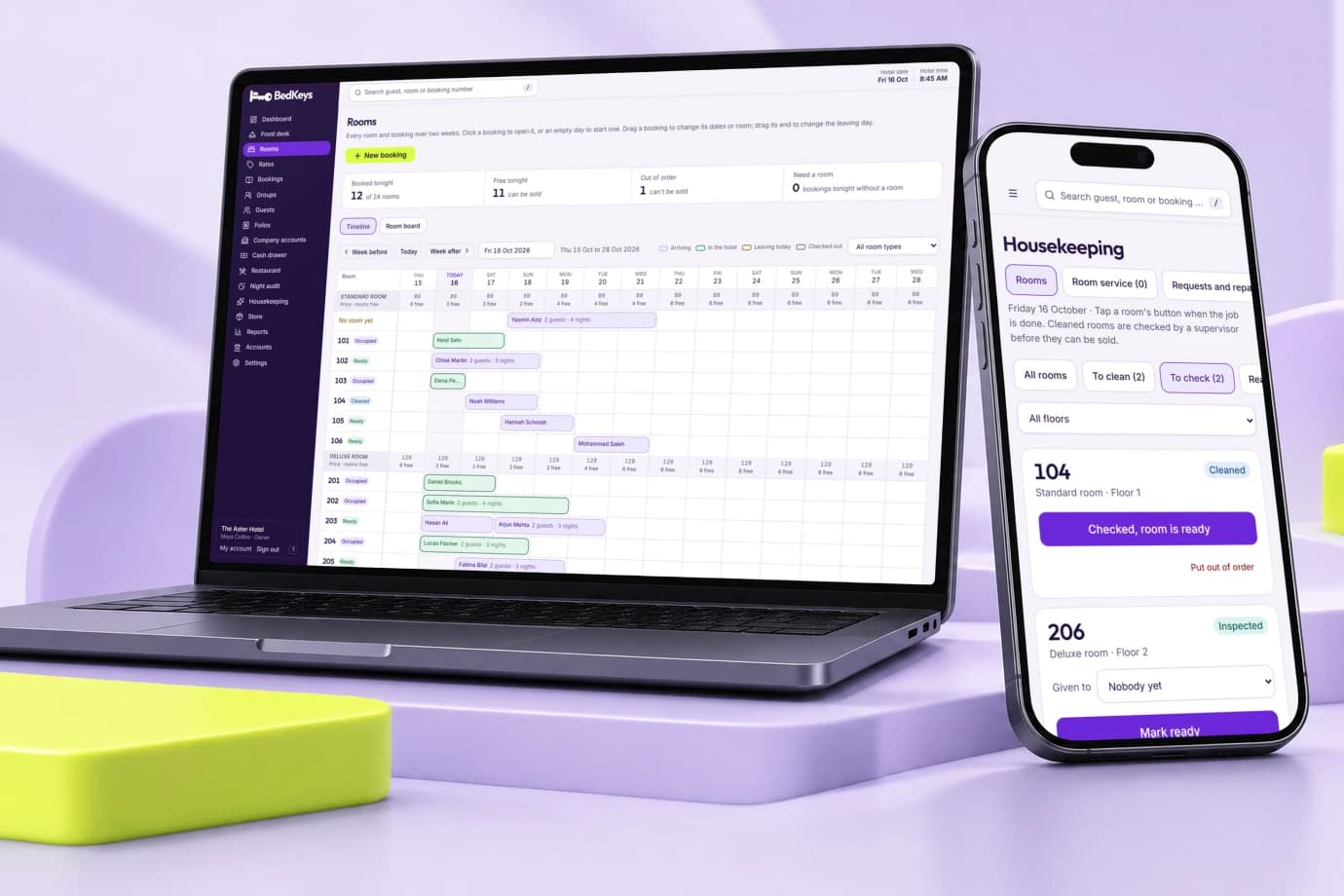 BedKeys on a laptop and a phone: the room grid with two weeks of bookings on the laptop, and the housekeeping list on the phone with a cleaned room waiting to be checked