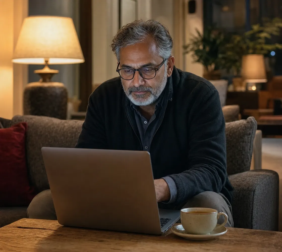 A hotel owner setting up on a laptop in the hotel lounge in the evening