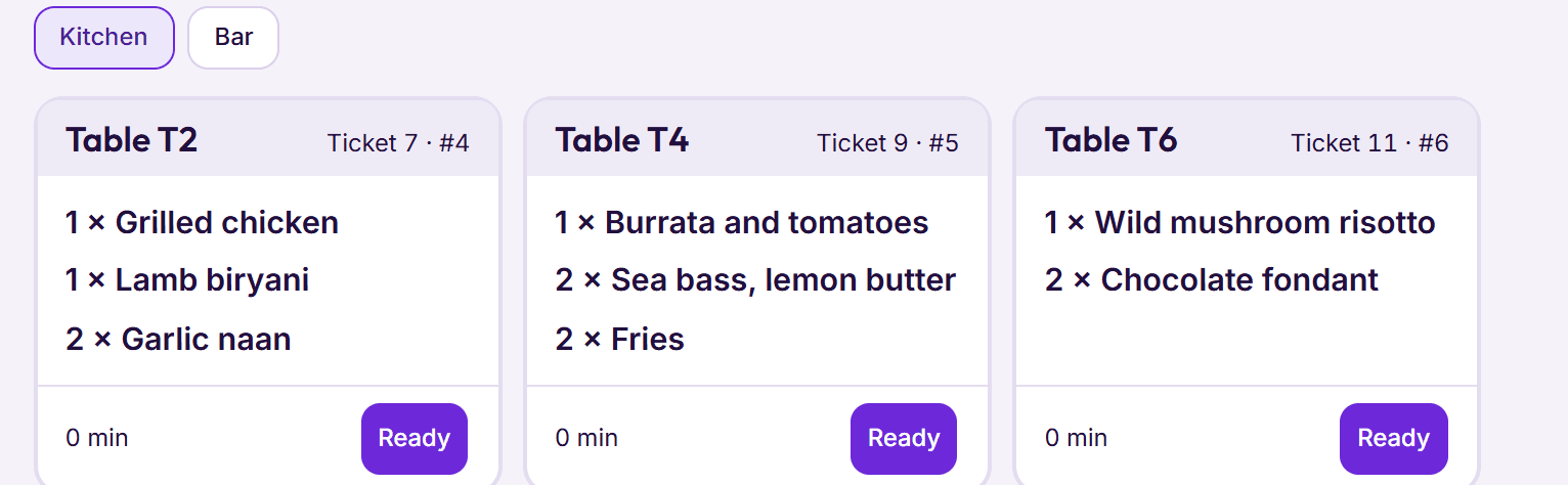 BedKeys kitchen screen: tickets for three tables, each with a Ready button