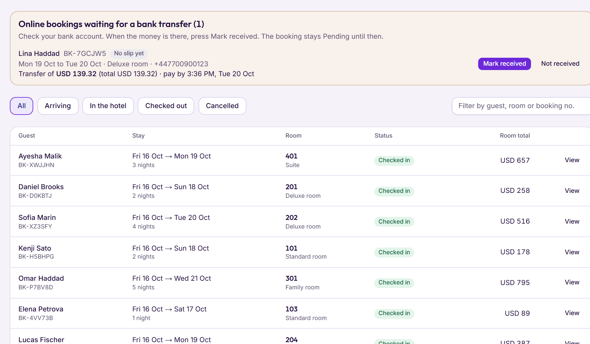 BedKeys bookings: an online booking waiting for its bank transfer, with Mark received and Not received