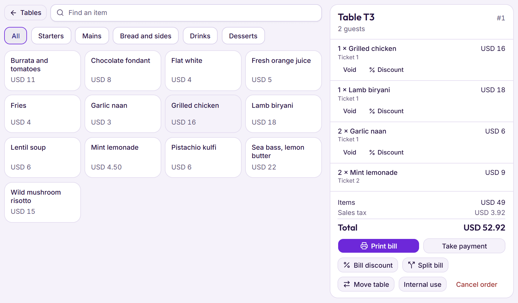 BedKeys restaurant till: the menu and table 3's order, with Void and Discount on each line, sales tax and the total