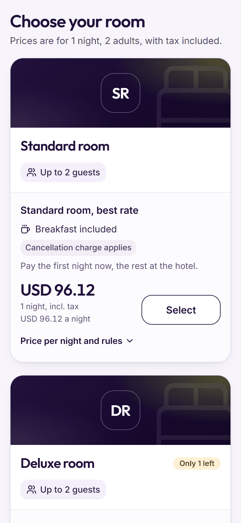 The booking page on a phone: each room type with its rate, what is included and the price with tax