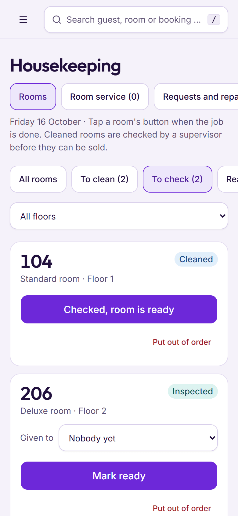 BedKeys housekeeping on a phone: a cleaned room waiting with Checked, room is ready